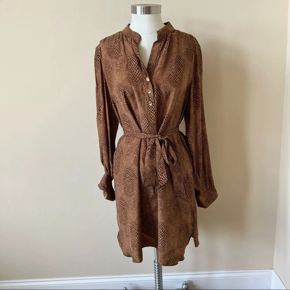 Britt Ryan snake patterned tie waist shirt dress brown 5157